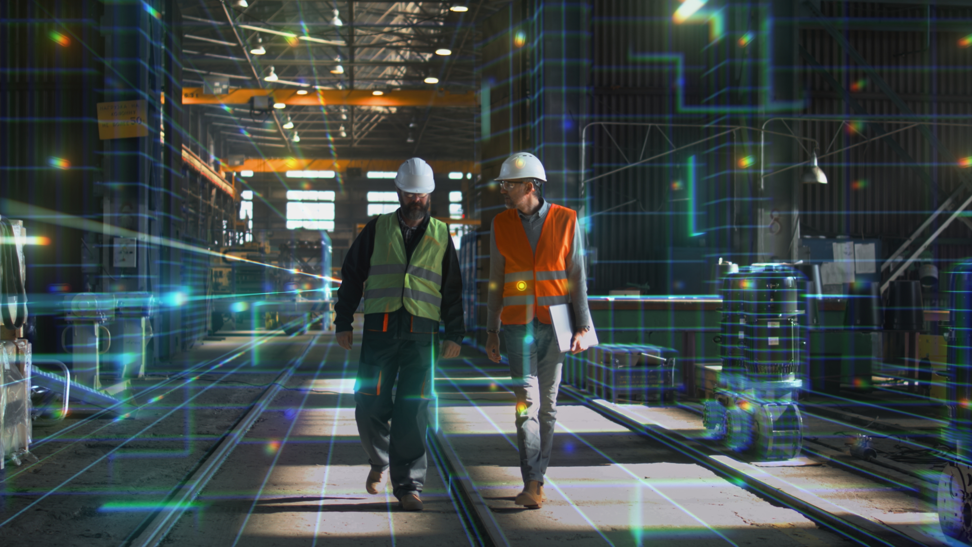 Two engineers walking through an industrial facility